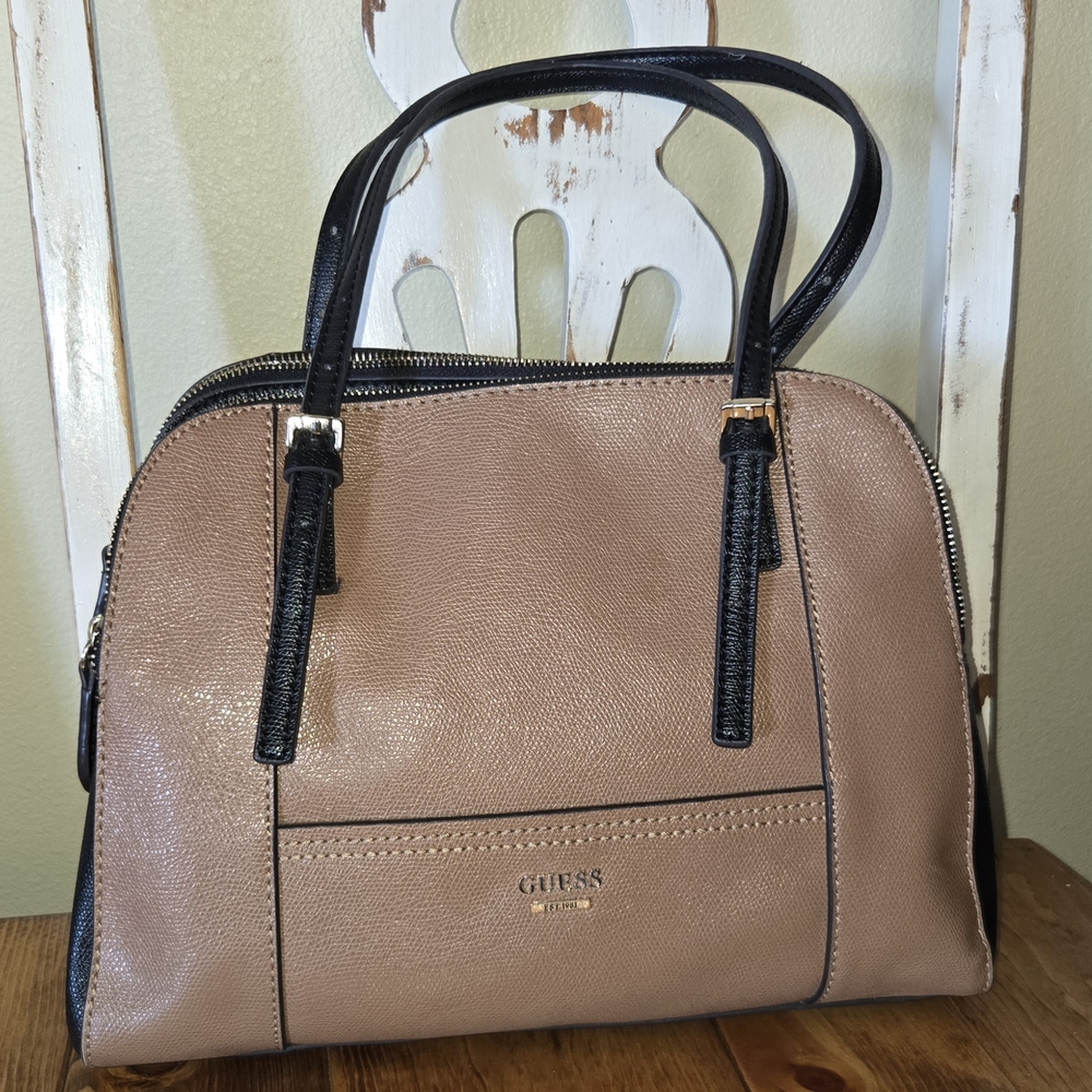 GUESS HUNTLEY CALI SATCHEL BAG TAN AND BLACK WITH GOLD ACCENTS